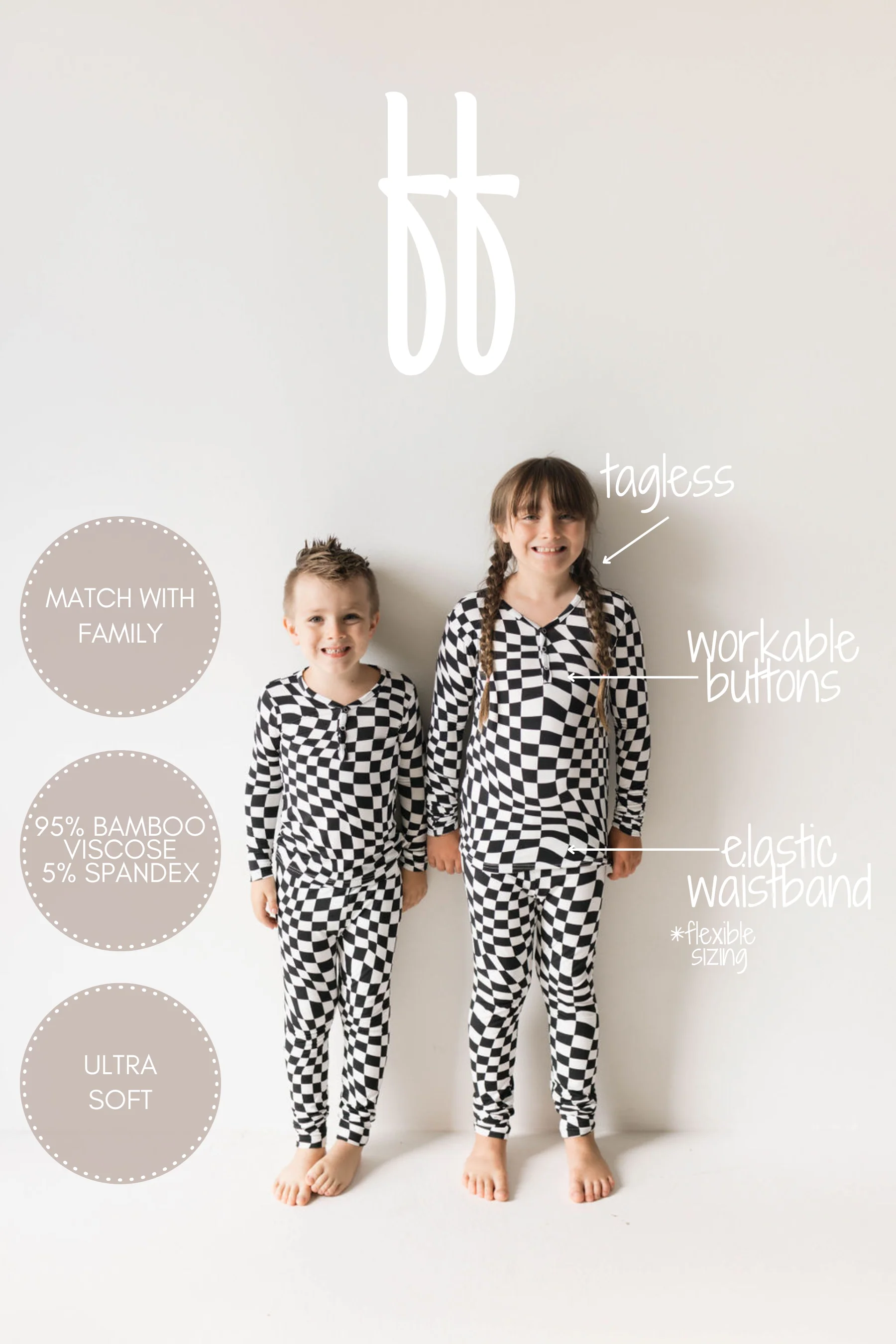 Bamboo Two Piece Pajamas | Black & White Wavy Checkerboard - Image 2