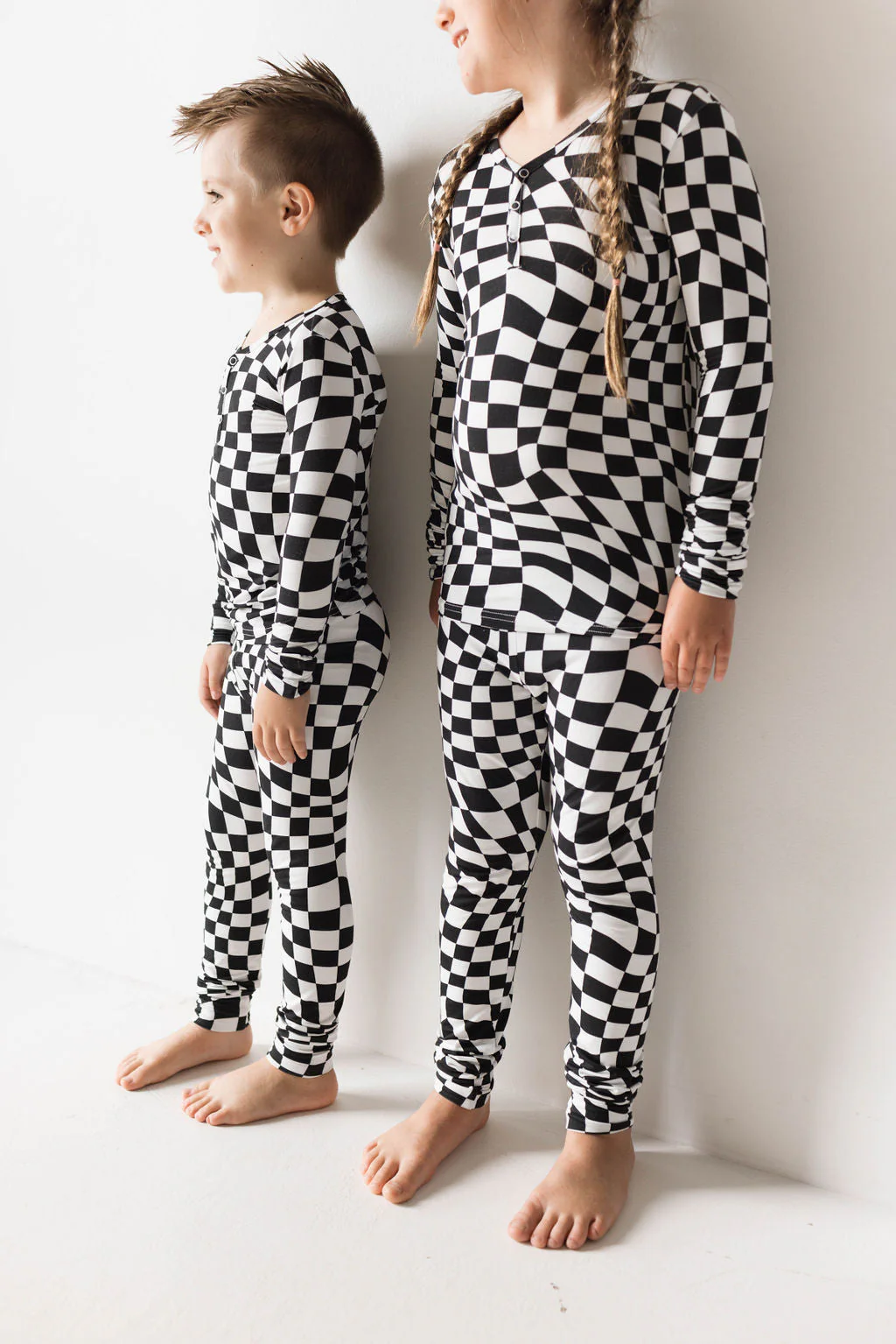 Bamboo Two Piece Pajamas | Black & White Wavy Checkerboard - Image 6