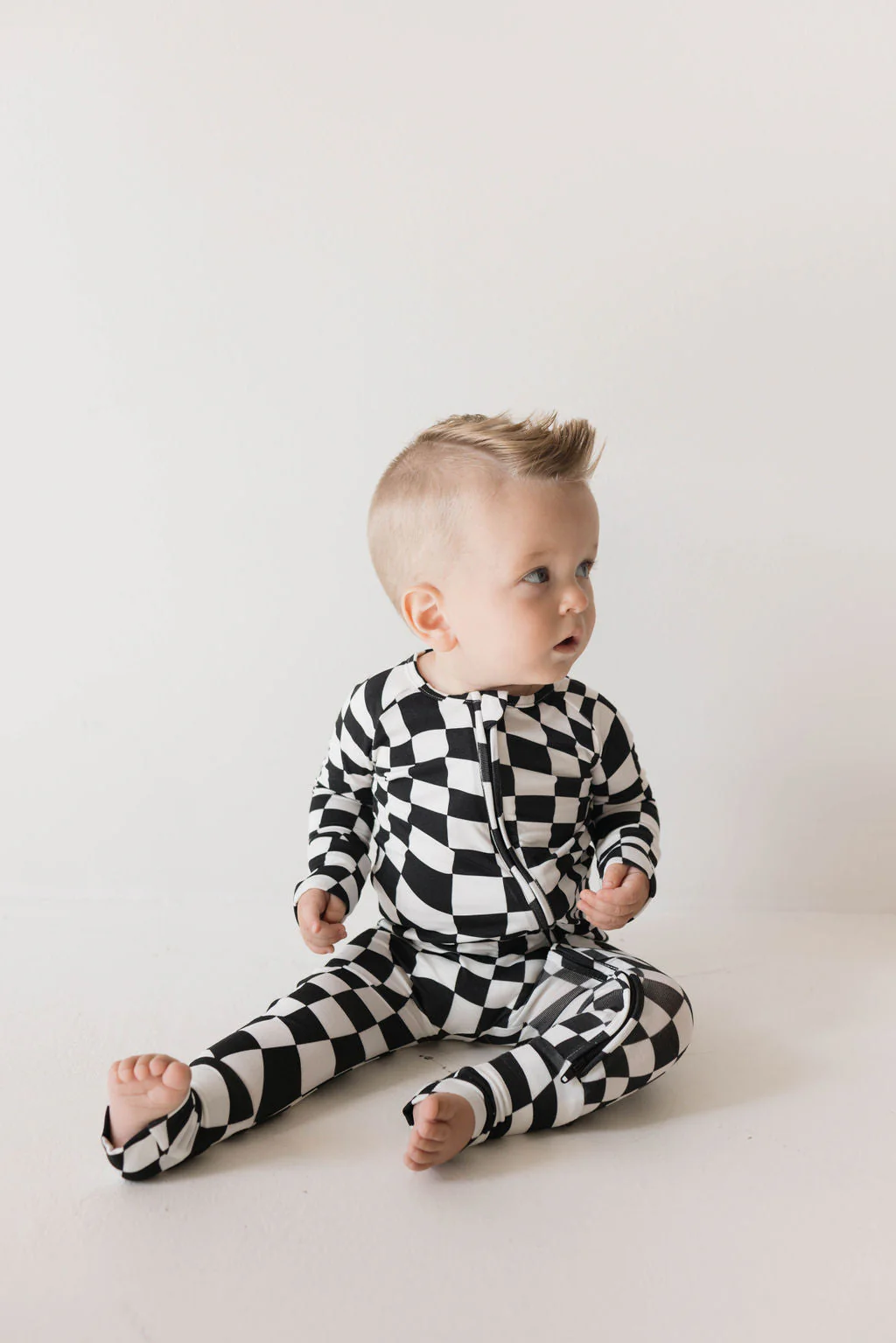 Bamboo Zip Pajamas | Black & White Wavy Checkerboard - Image 4