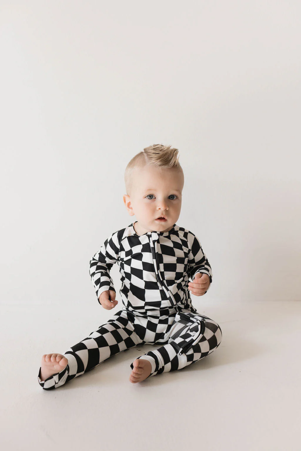 Bamboo Zip Pajamas | Black & White Wavy Checkerboard - Image 5