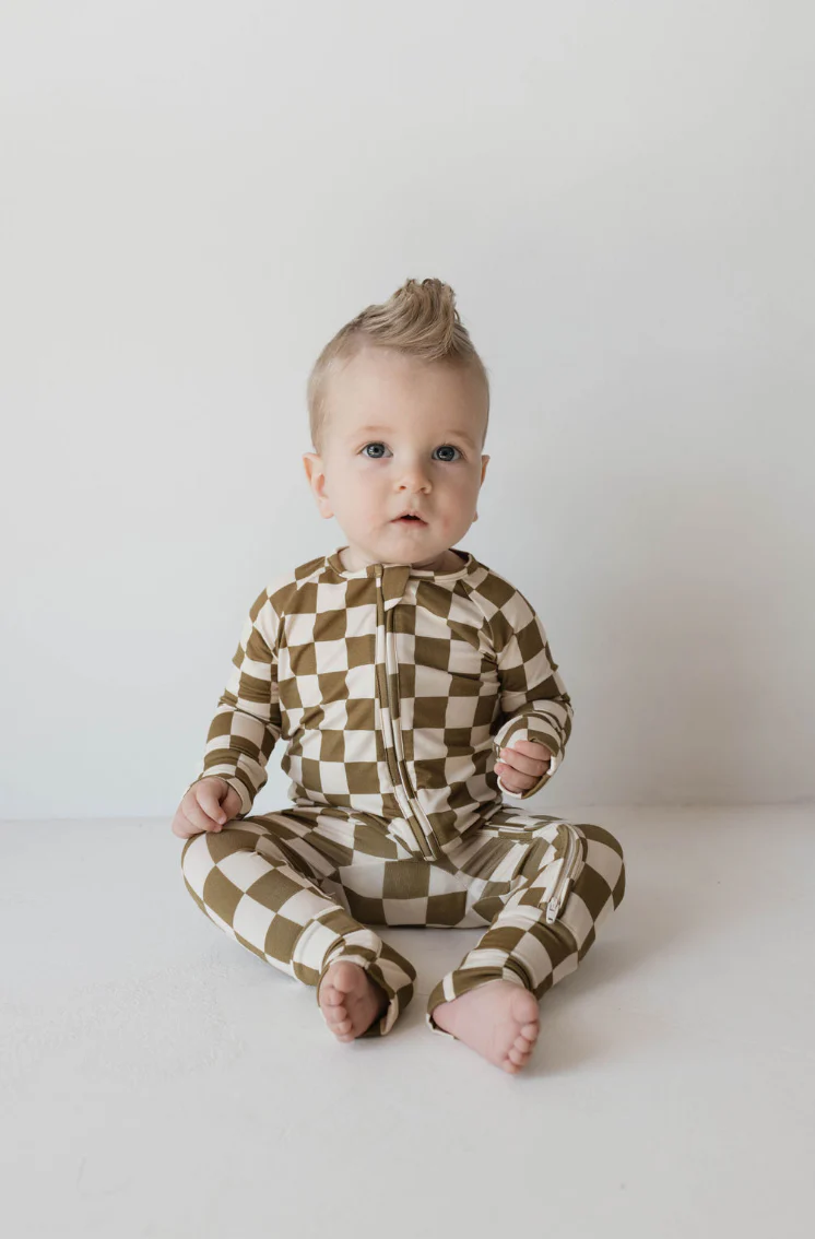 Bamboo Zip Pajamas | Olive checker - Image 2