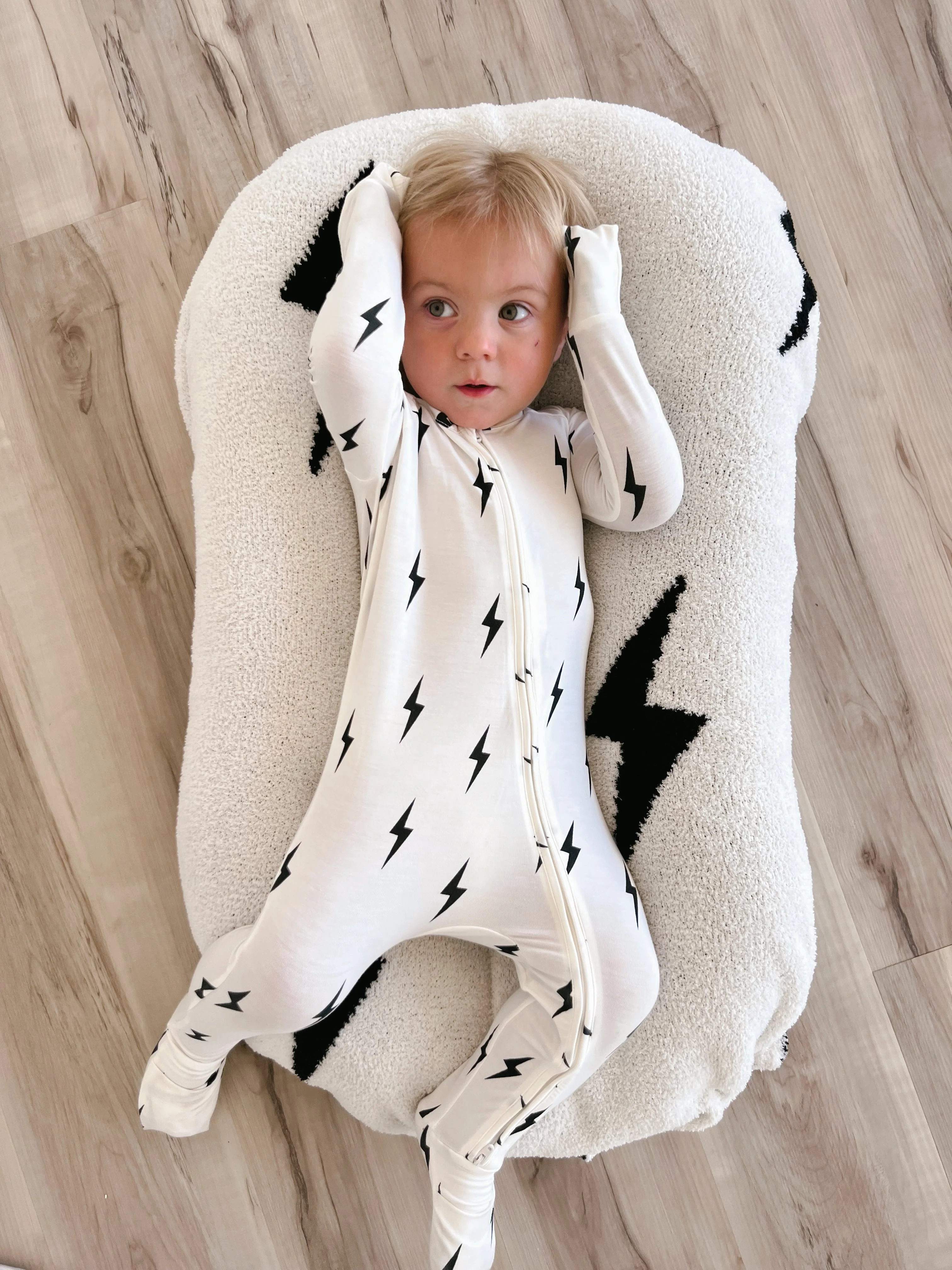 Bamboo Zip Pajamas | White & Black Lightning Bolt - Image 3