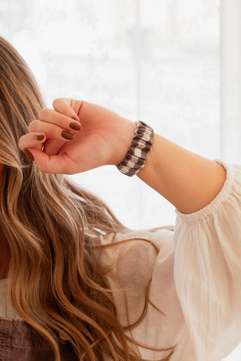 Brown Gingham Scrunchie Band Compatible with Apple Watch - Image 2