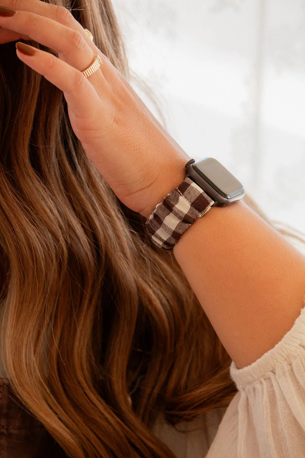 Brown Gingham Scrunchie Band Compatible with Apple Watch - Image 3