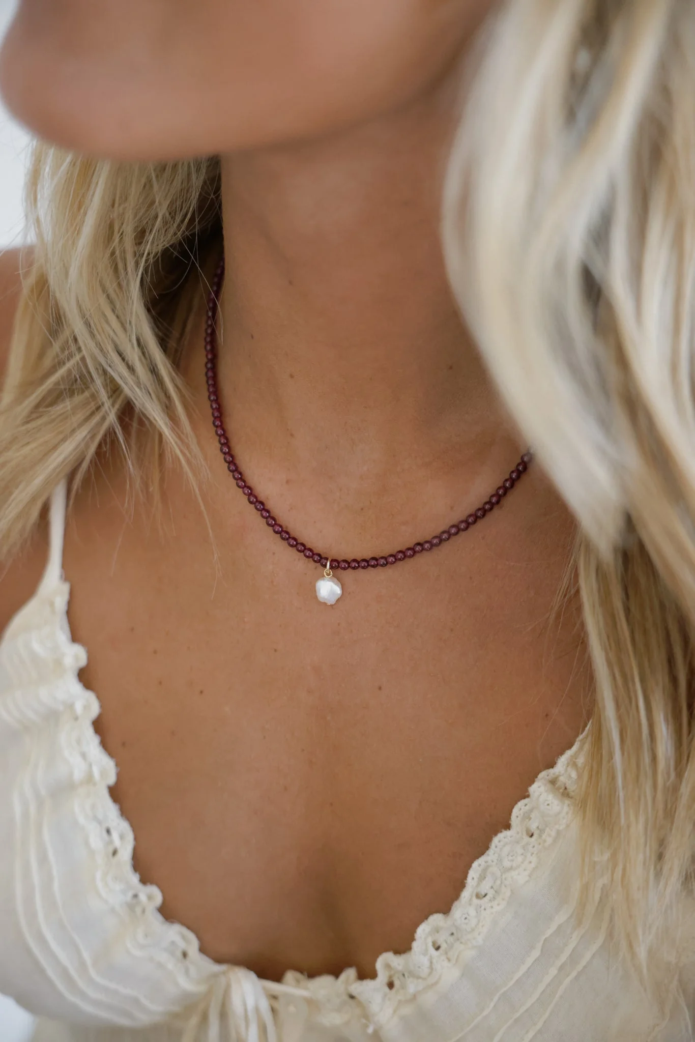 Deep Red Garnet Gemstone Necklace + Pearl Pendant - Image 5