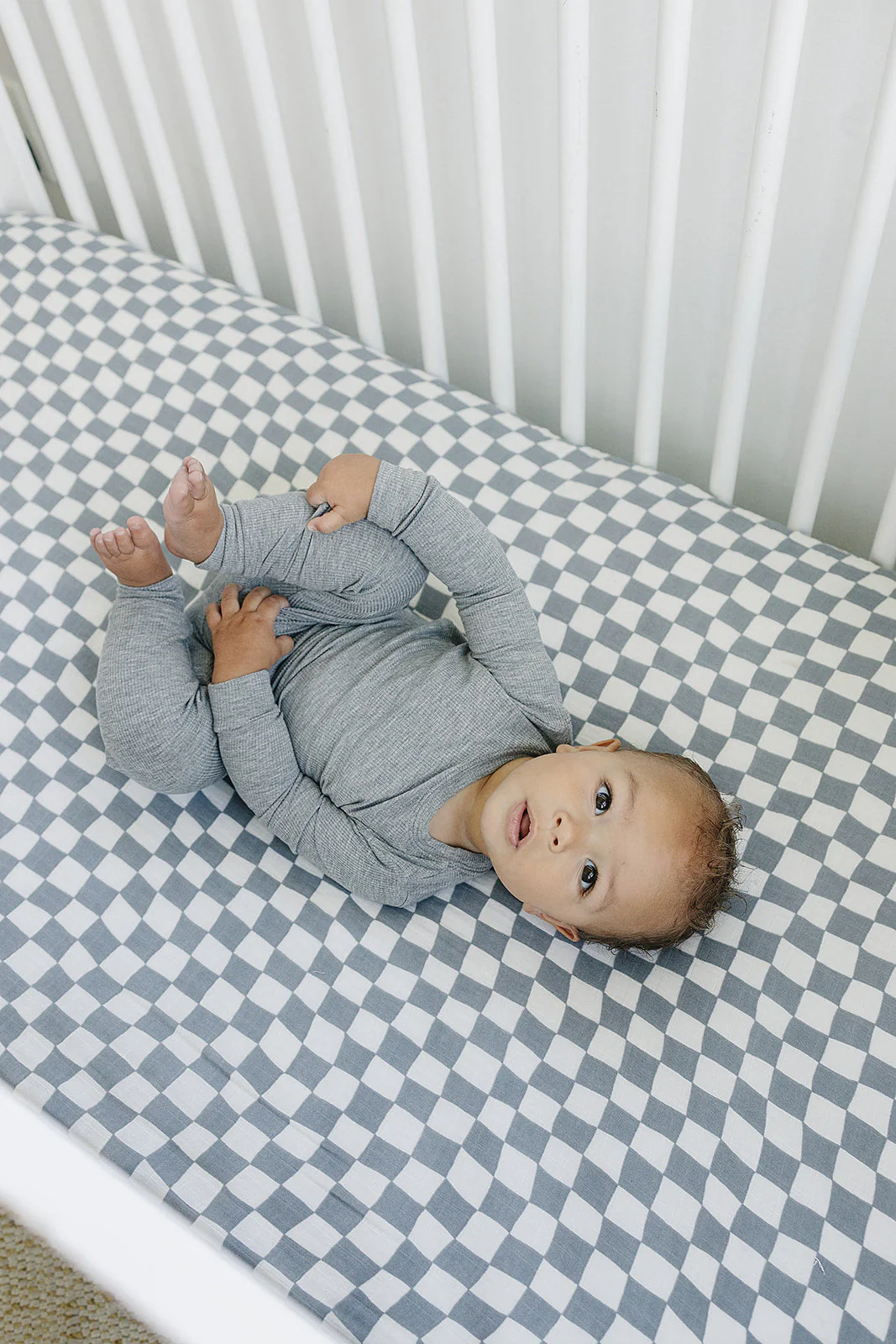 Dusty Blue Wavy Checkered Muslin Crib Sheet - Image 2