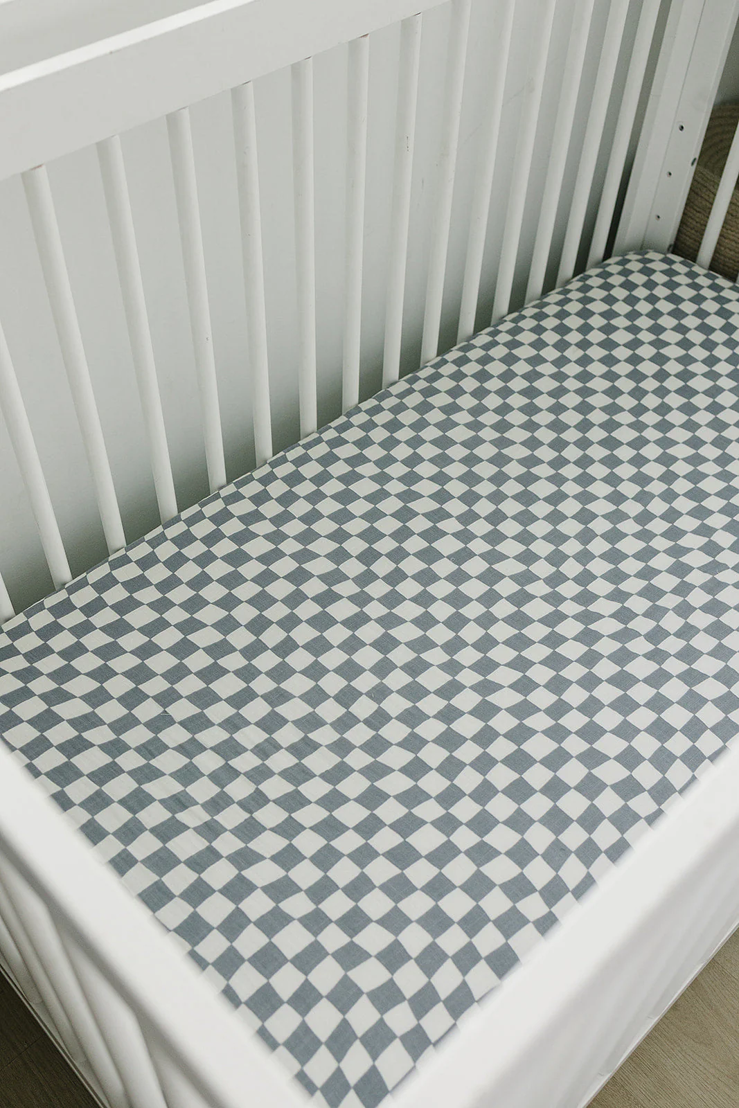 Dusty Blue Wavy Checkered Muslin Crib Sheet - Image 3
