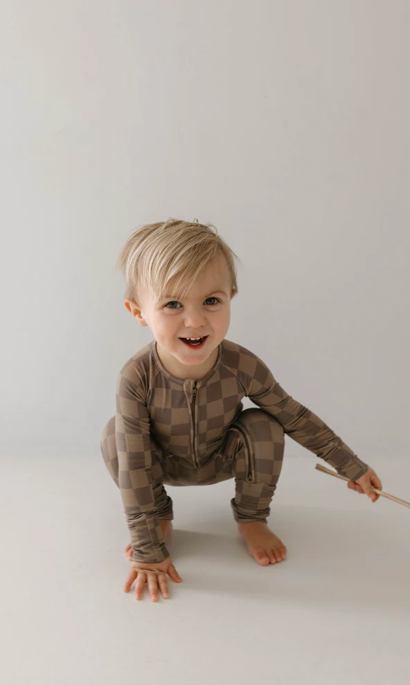 Faded Brown Checkerboard  | Bamboo Zip Pajamas - Image 4