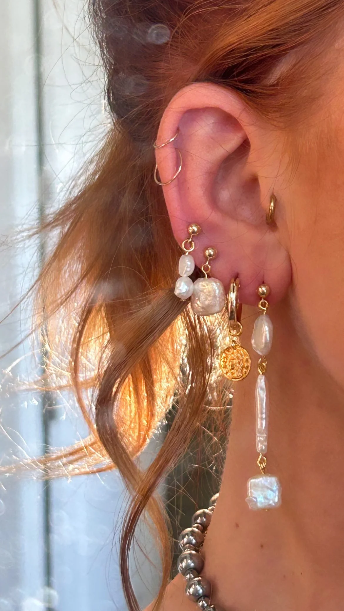 Gold + Silver Stud with Double Pearl Pendant - Image 3