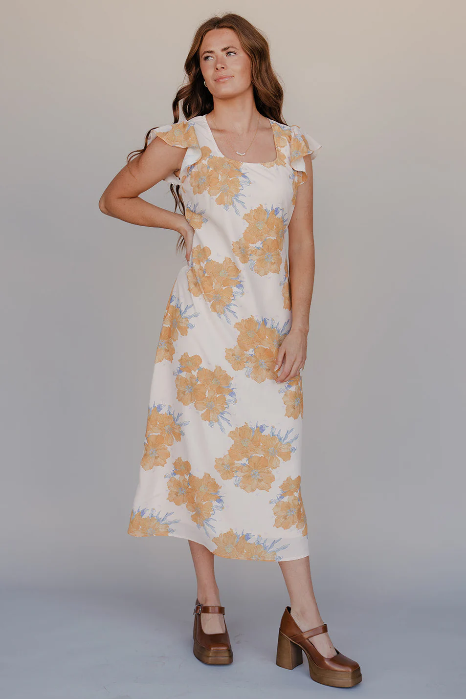 Golden Petal Flutter Sleeve Dress