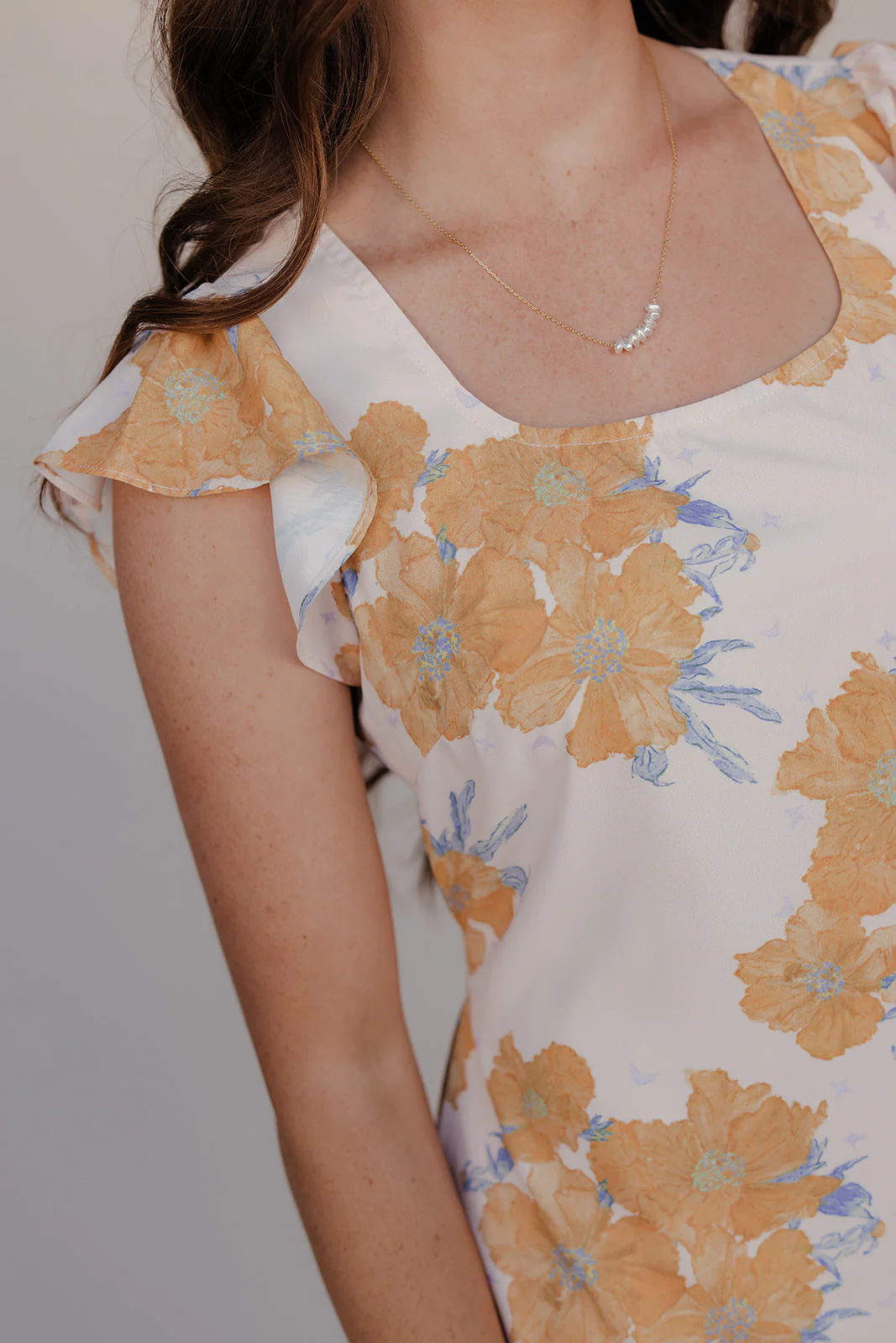 Golden Petal Flutter Sleeve Dress - Image 2
