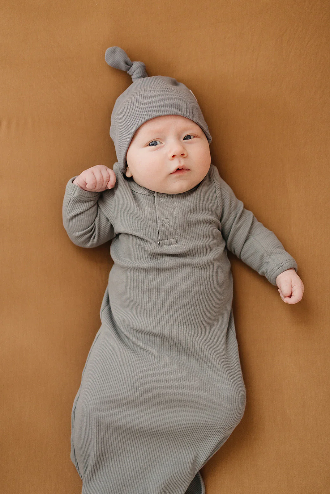 Grey Organic Ribbed Newborn Knot Hat - Image 2