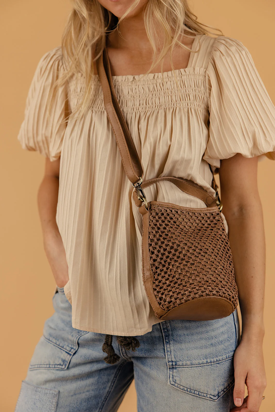 Kaia Open Weave Bucket Crossbody - Image 4