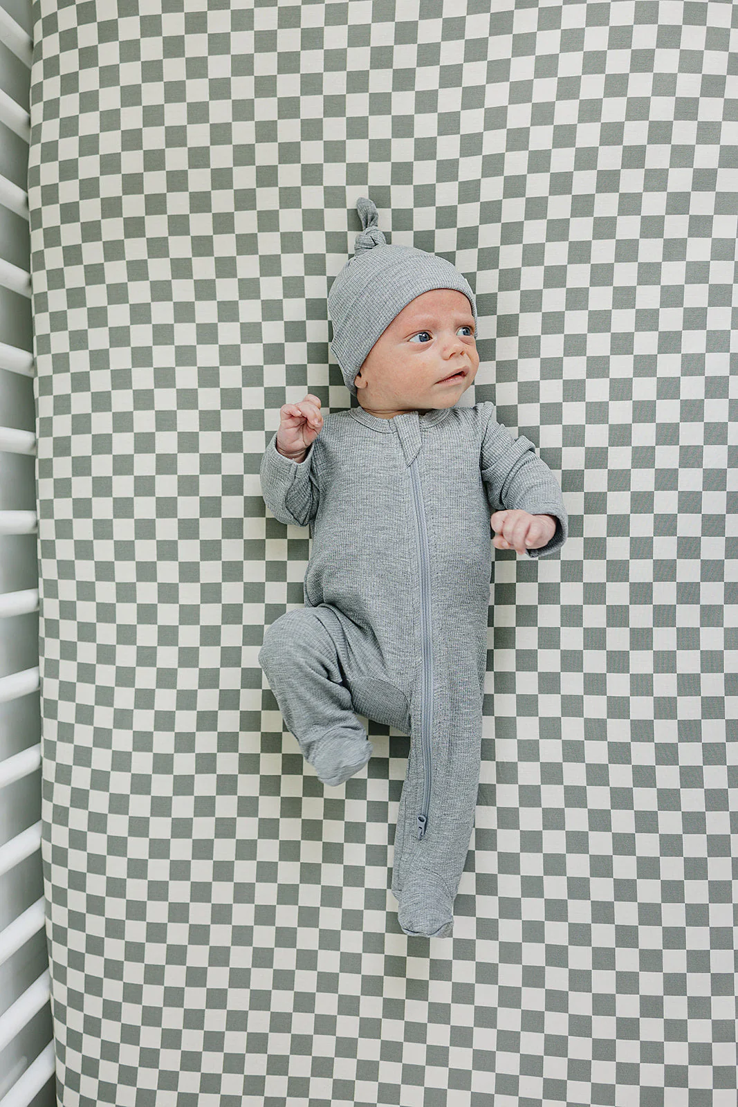 Light Green Checkered Bamboo Stretch Crib Sheet - Image 3