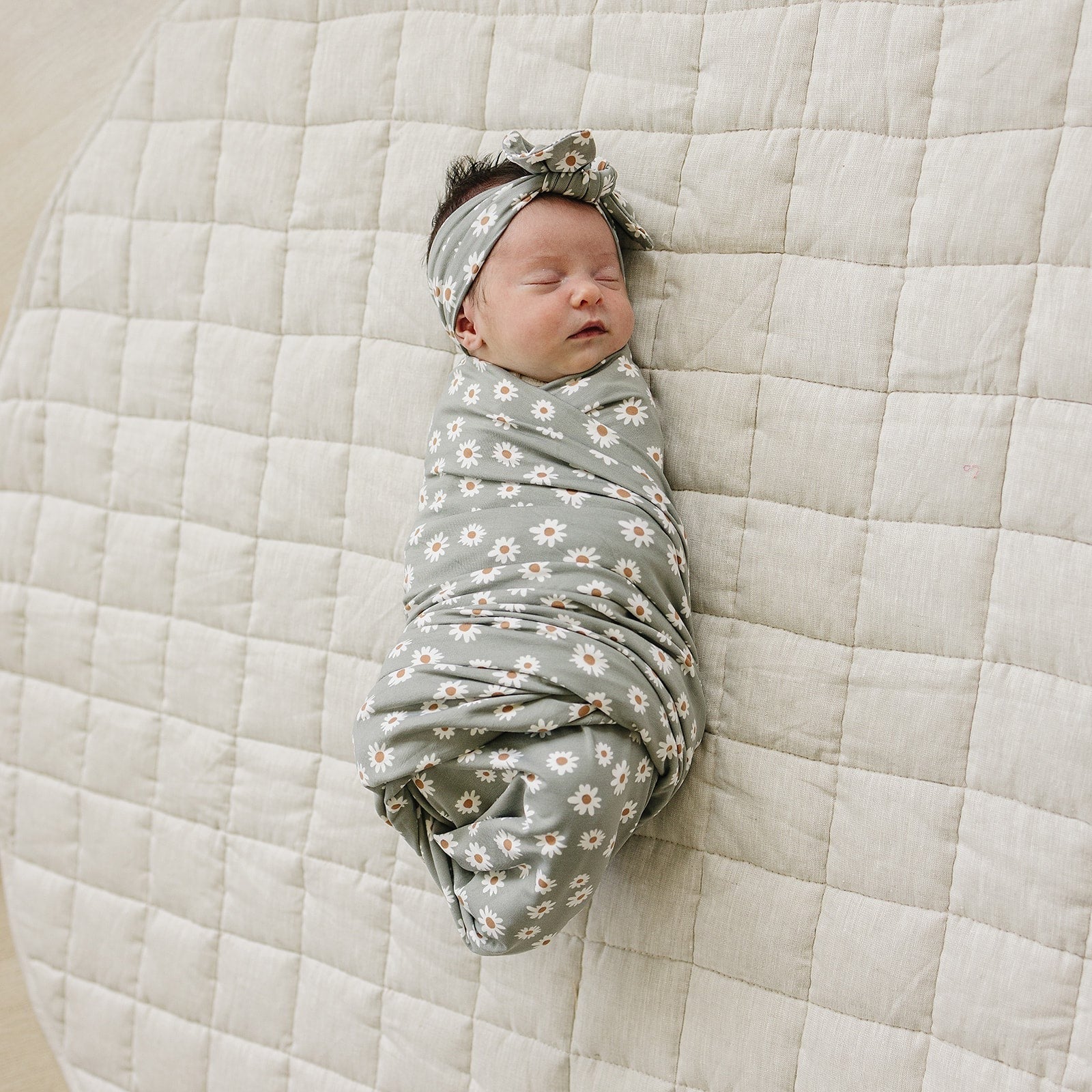 Light Green Daisy Bamboo Stretch Swaddle - Image 2