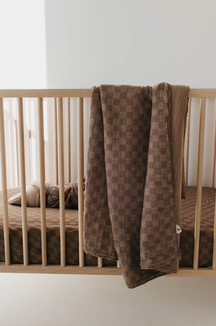Muslin Crib Sheet | Faded Brown Checkerboard - Image 3