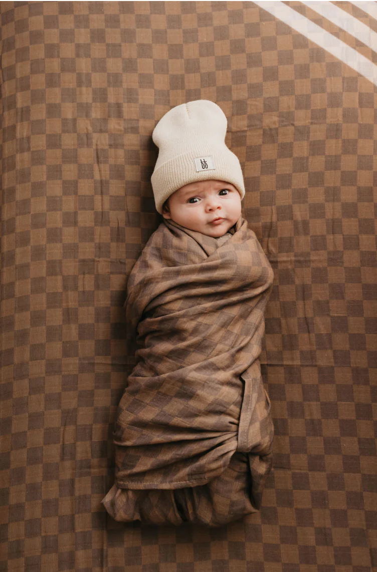 Muslin Crib Sheet | Faded Brown Checkerboard - Image 4