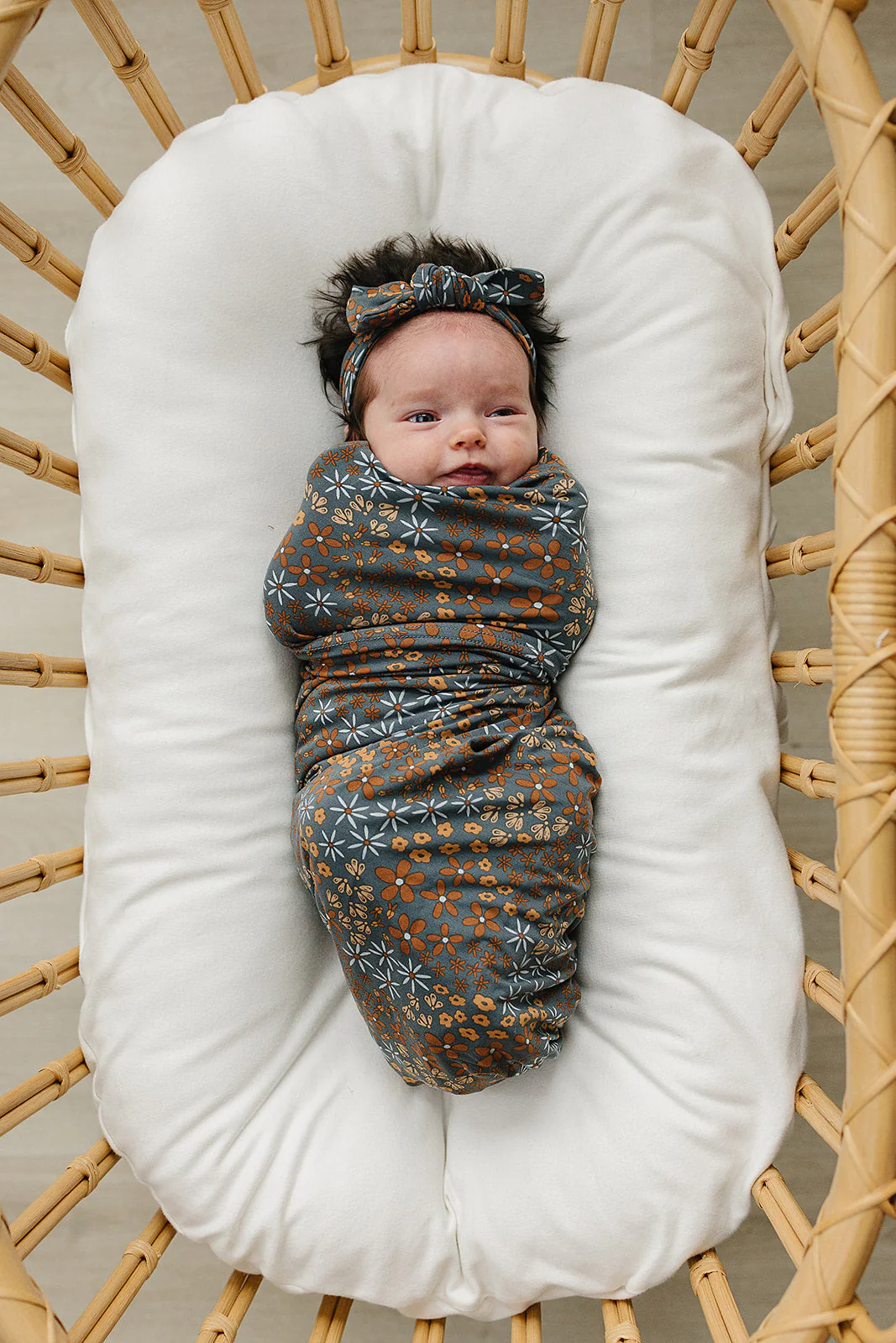 Navy Floral Bamboo Stretch Swaddle - Image 2