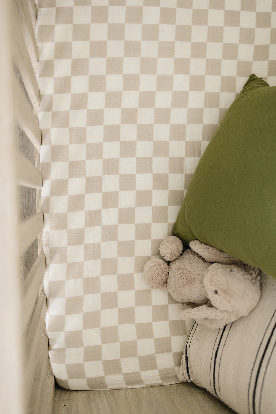 Taupe Checkered Muslin Crib Sheet - Image 3