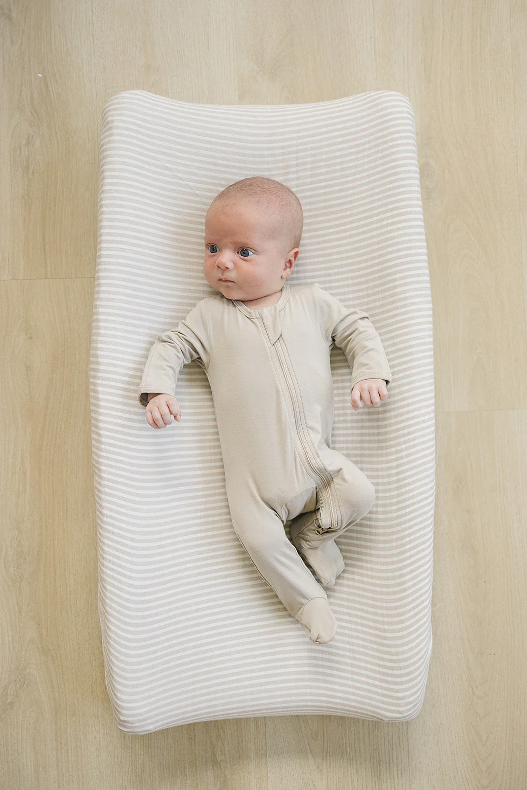 Taupe Stripe Muslin Changing Pad Cover - Image 2