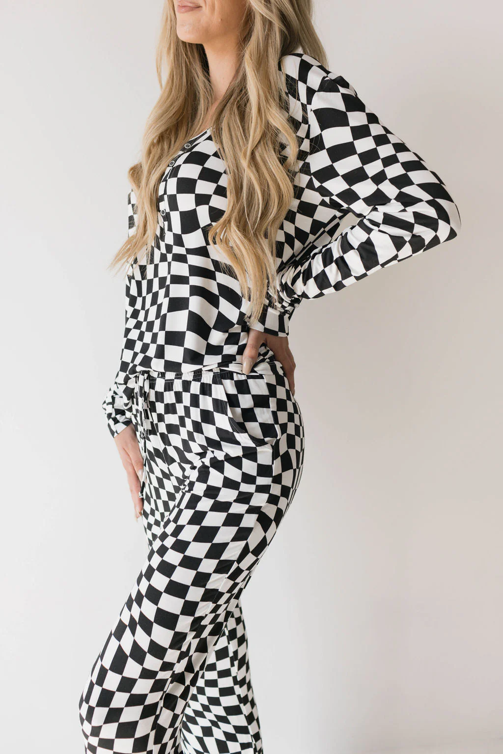 Women's Bamboo Pajamas | Black & White Wavy Checkerboard - Image 10