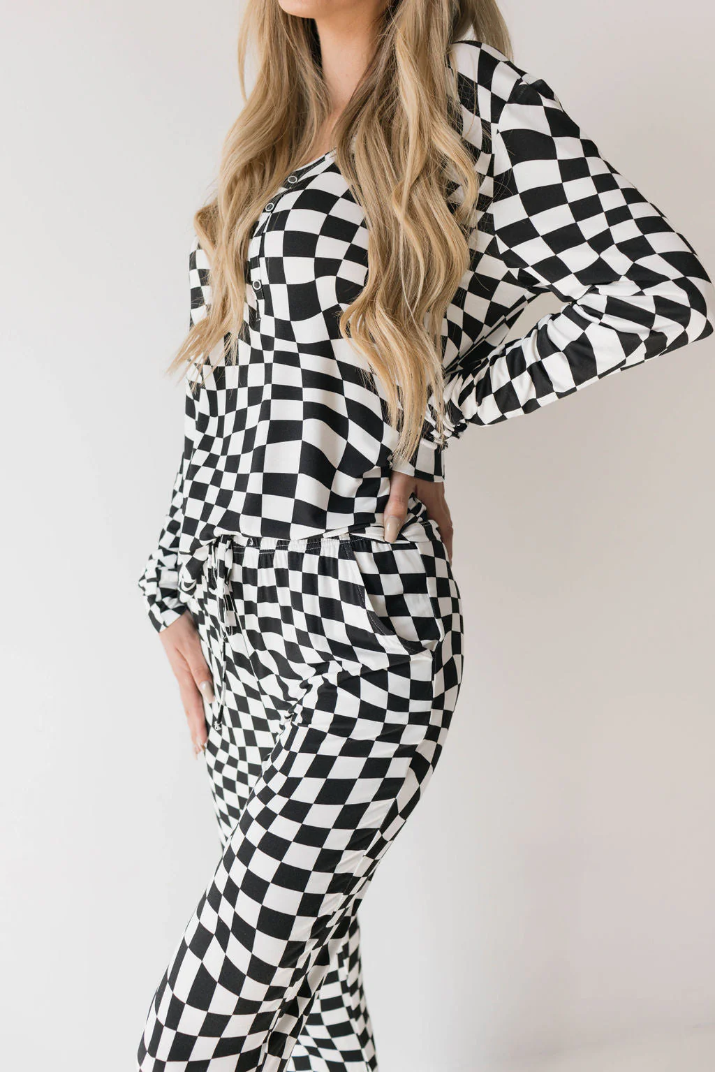 Women's Bamboo Pajamas | Black & White Wavy Checkerboard - Image 5