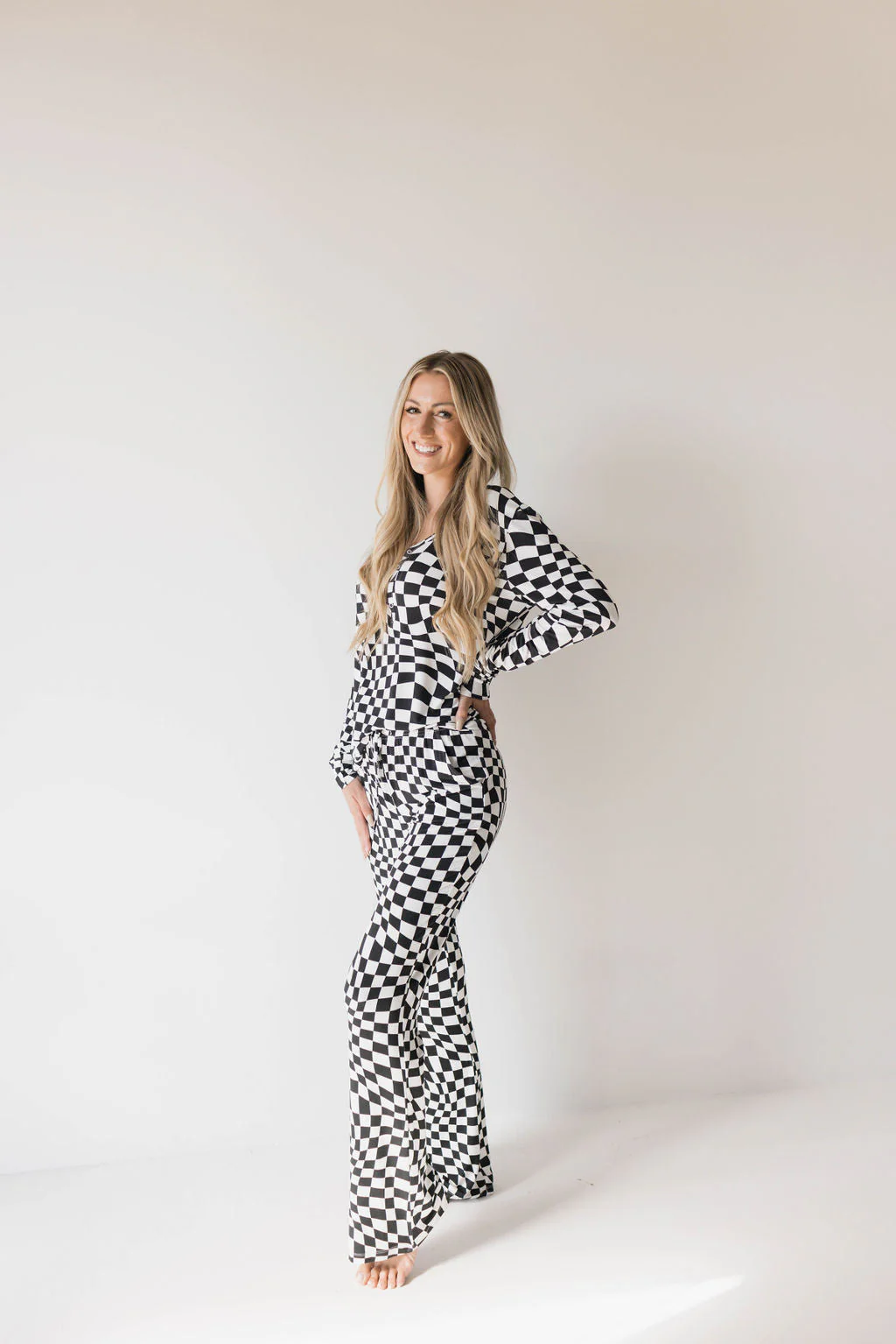 Women's Bamboo Pajamas | Black & White Wavy Checkerboard - Image 8