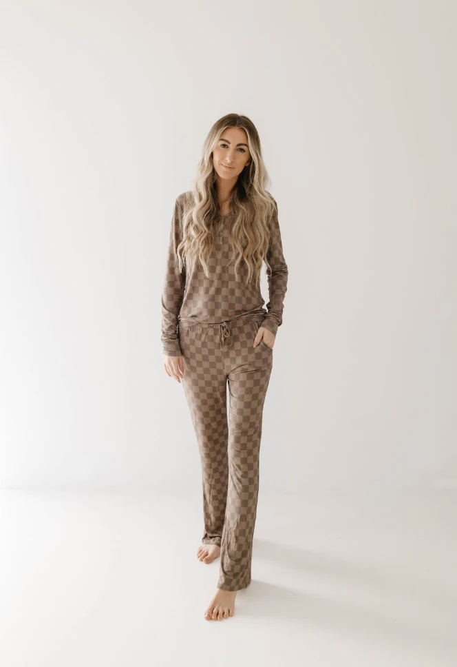 Women's Bamboo Pajamas |  Faded Brown Checkerboard - Image 2